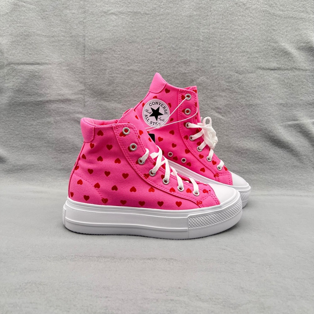 Converse Day One Platform Hi Pink Red Hearts Glitter Sneakers Kids 5 093-20-0434